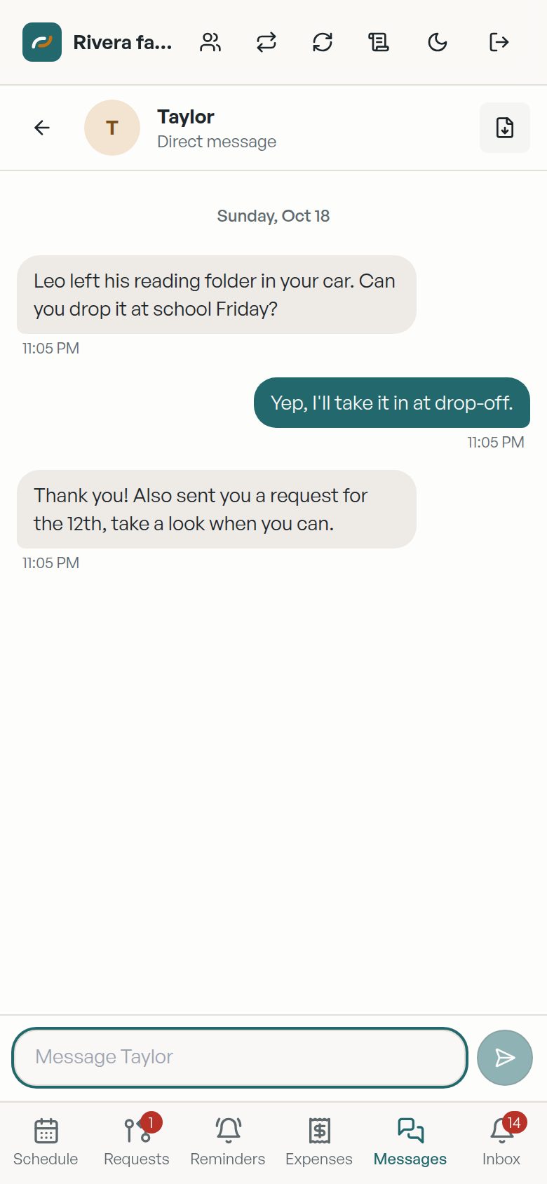 A message thread between two parents